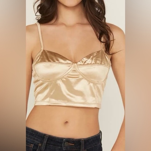 Free People Top Womens Medium Latte Casino Royal Brami Crop Smocked Back Y2K NEW - Picture 2 of 11